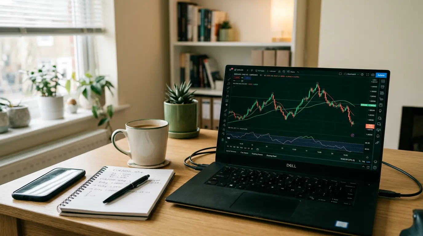 A real home trading desk with a laptop showing an honest equity curve with ups and downs — the workspace behind Forex and Profits