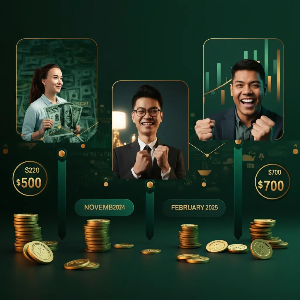 Collage showing $200 growing to $700 from November 2024 to February 2025, featuring upward charts, $500 profits, happy investors, and cash-out visuals in green and gold tones.