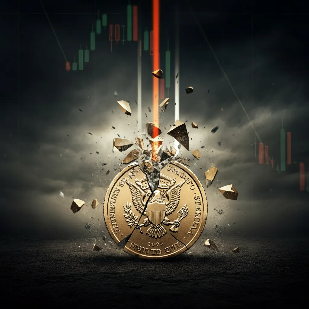Illustration of a cryptocurrency crash, symbolized by a coin plummeting with dramatic financial market impacts.