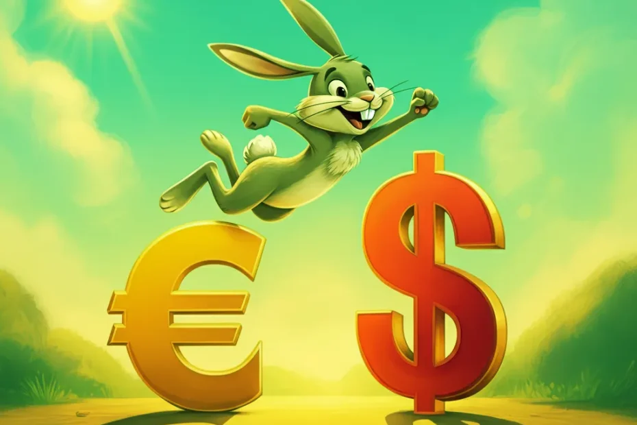 Dash the Rabbit hopping between EUR and USD symbols, guiding an easy EUR/USD trading plan