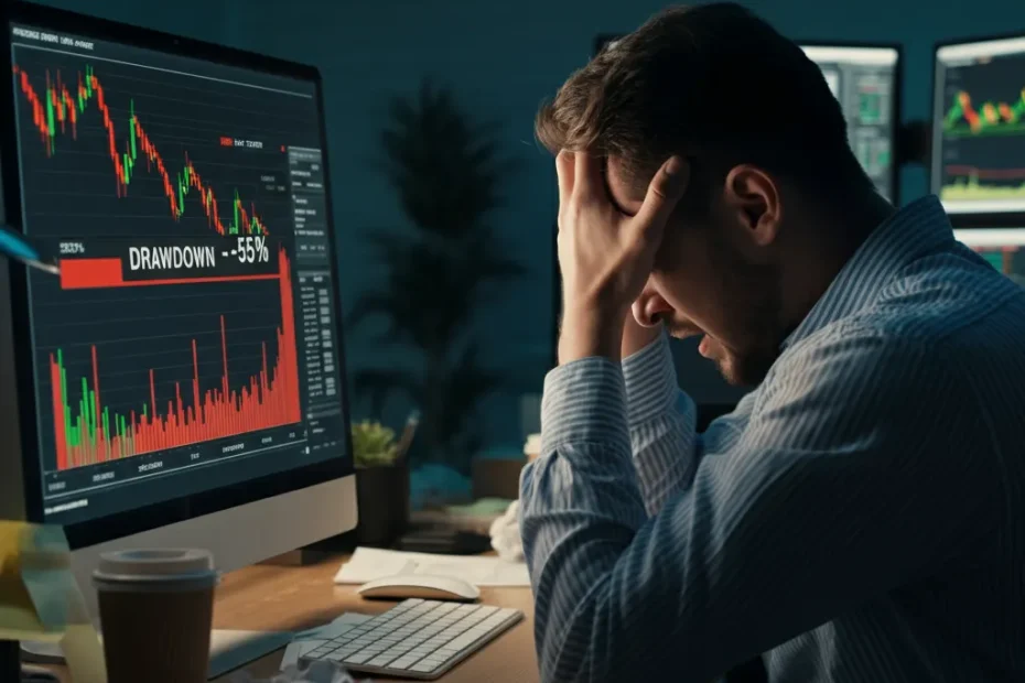 Nervous trader experiencing a 55% drawdown, highlighting the importance of Forex Drawdown Recovery EAs.