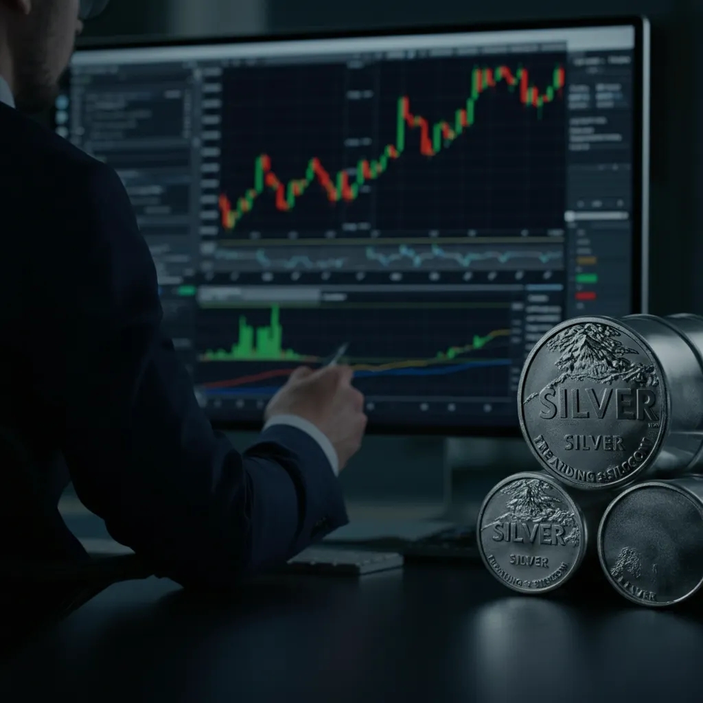 Trader planning a set-and-forget trading plan for silver with charts and a silver barrel, emphasizing XAG/USD technical analysis