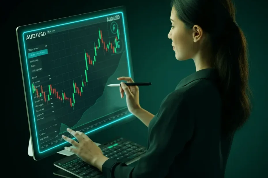AUD/USD Forex Trading Plan: Trader analyzing AUD/USD trading charts with candlestick patterns, Fibonacci levels, and currency symbols for AUD and USD