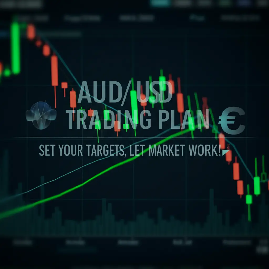 AUD/USD trading plan featuring upward-trending candlestick charts, Fibonacci retracement levels, AUD and USD currency symbols, and the tagline 'Set Your Targets, Let the Market Work!' in a dynamic green and blue color scheme