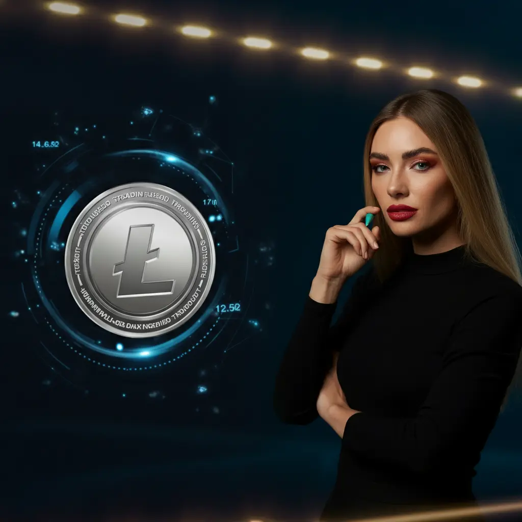 A sleek and modern depiction of a Litecoin logo alongside a trading plan chart and a confident professional woman, representing expertise in Litecoin trading strategies and technical analysis for 2025