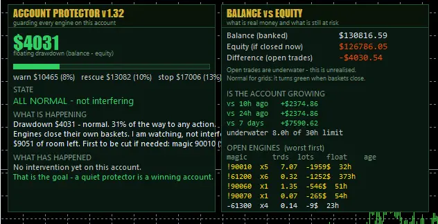 Account Protector panel showing balance versus equity and open floating positions